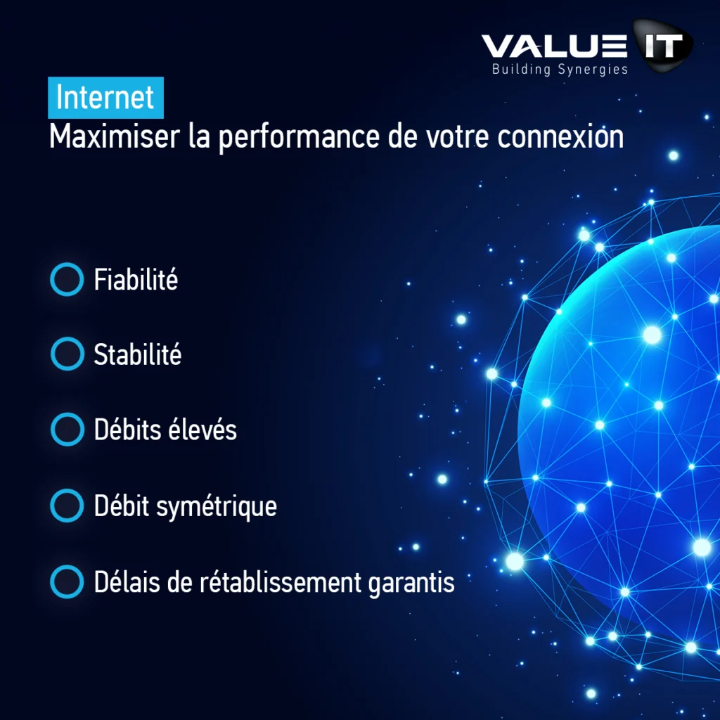 Maximisez la performance de votre connexion Internet grâce à une fiabilité exceptionnelle, une stabilité accrue, des débits élevés, un débit symétrique et des délais de rétablissement garantis