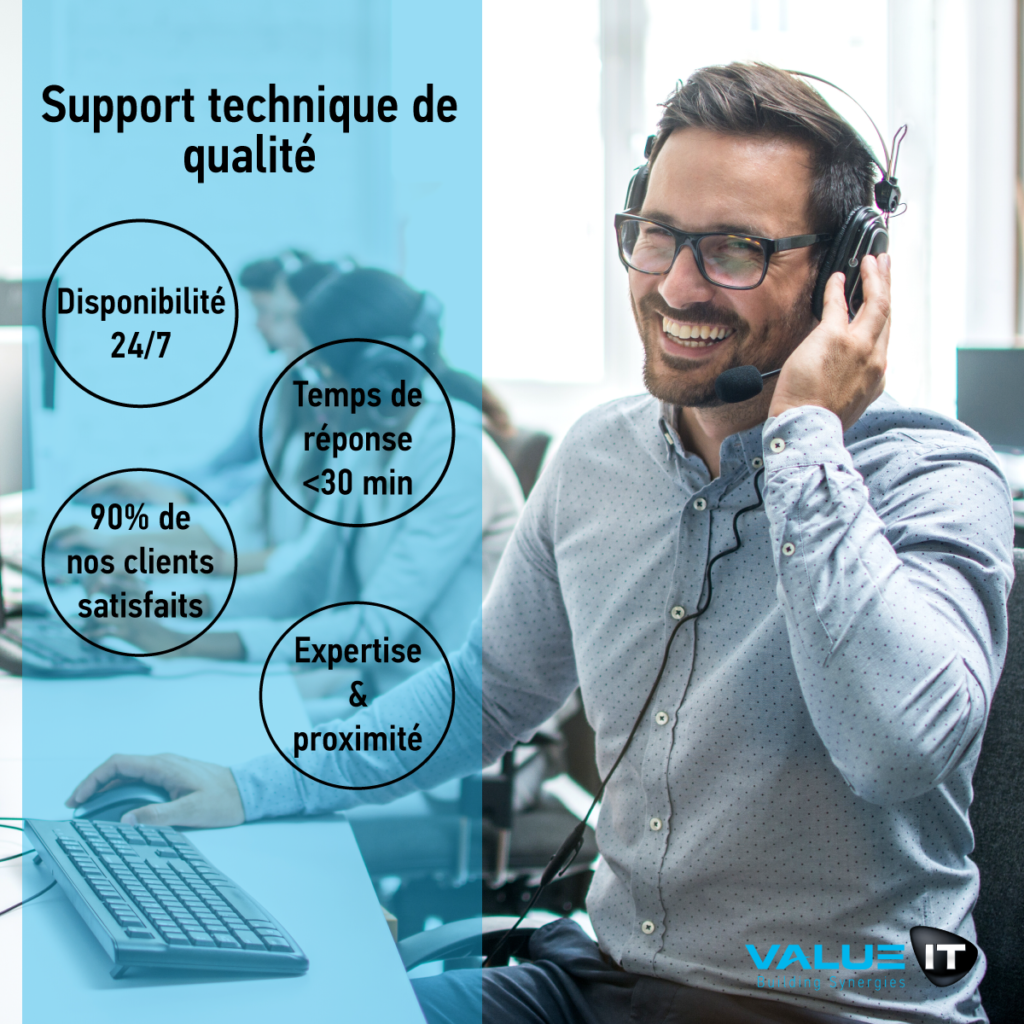 Notre support technique de qualité offre un service réactif et sur-mesure : disponibilité 24/7, temps de réponse inférieur à 30 minutes, 90% de clients satisfaits, expertise et proximité